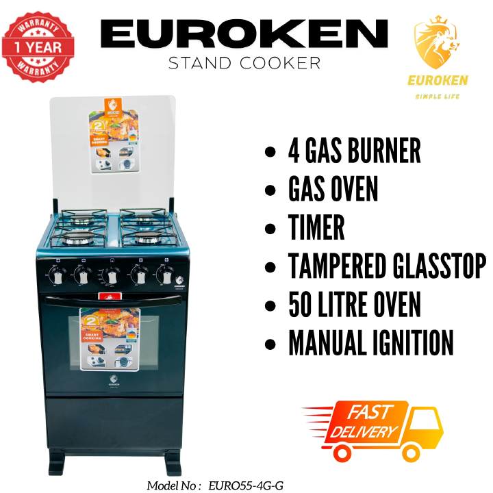 【LIMITED OFFER】Euroken 50X55  Euro55-4G-G 50L Home Improvement Free Standing Full Gas Cooker Kitchen Appliance With Gas Oven 4 Burners 50X55Cm