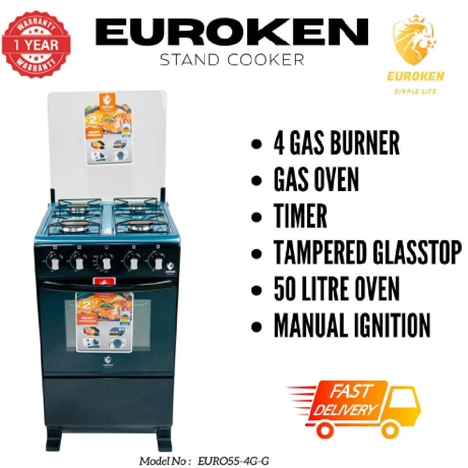 【LIMITED OFFER】Euroken 50X55  Euro55-4G-G 50L Home Improvement Free Standing Full Gas Cooker Kitchen Appliance With Gas Oven 4 Burners 50X55Cm
