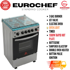【LIMITED OFFER】 Eurochef 50X55 EGT55-3G1E-E  55L Home Improvement  Free standing Gas Cooker  3 GAS + 1 Hot Plate  Kitchen appliance with electric oven