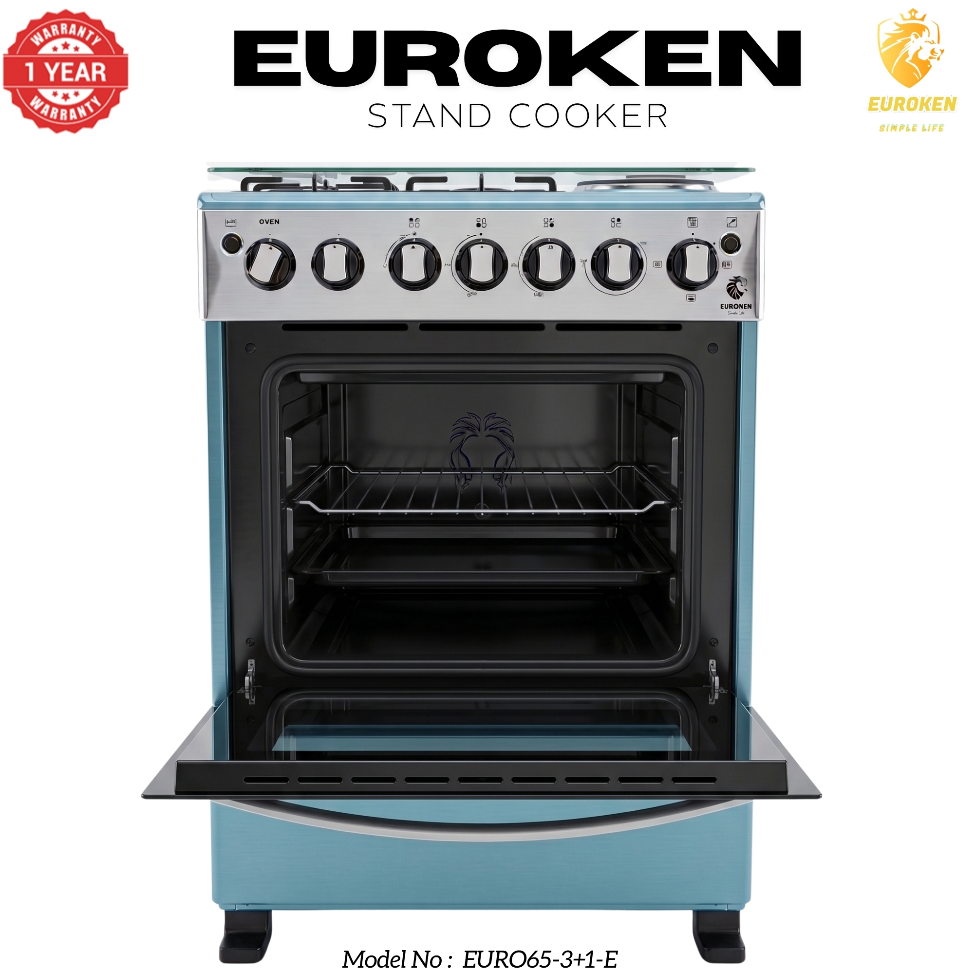 【LIMITED OFFER】 Euroken 60x65  Euro65-3+1E-E  60L Home Improvement  Free Standing Cooker  3 Gas +1 Hotplate Kitchen Appliance With Electric Oven PURE STAINLESS STEEL