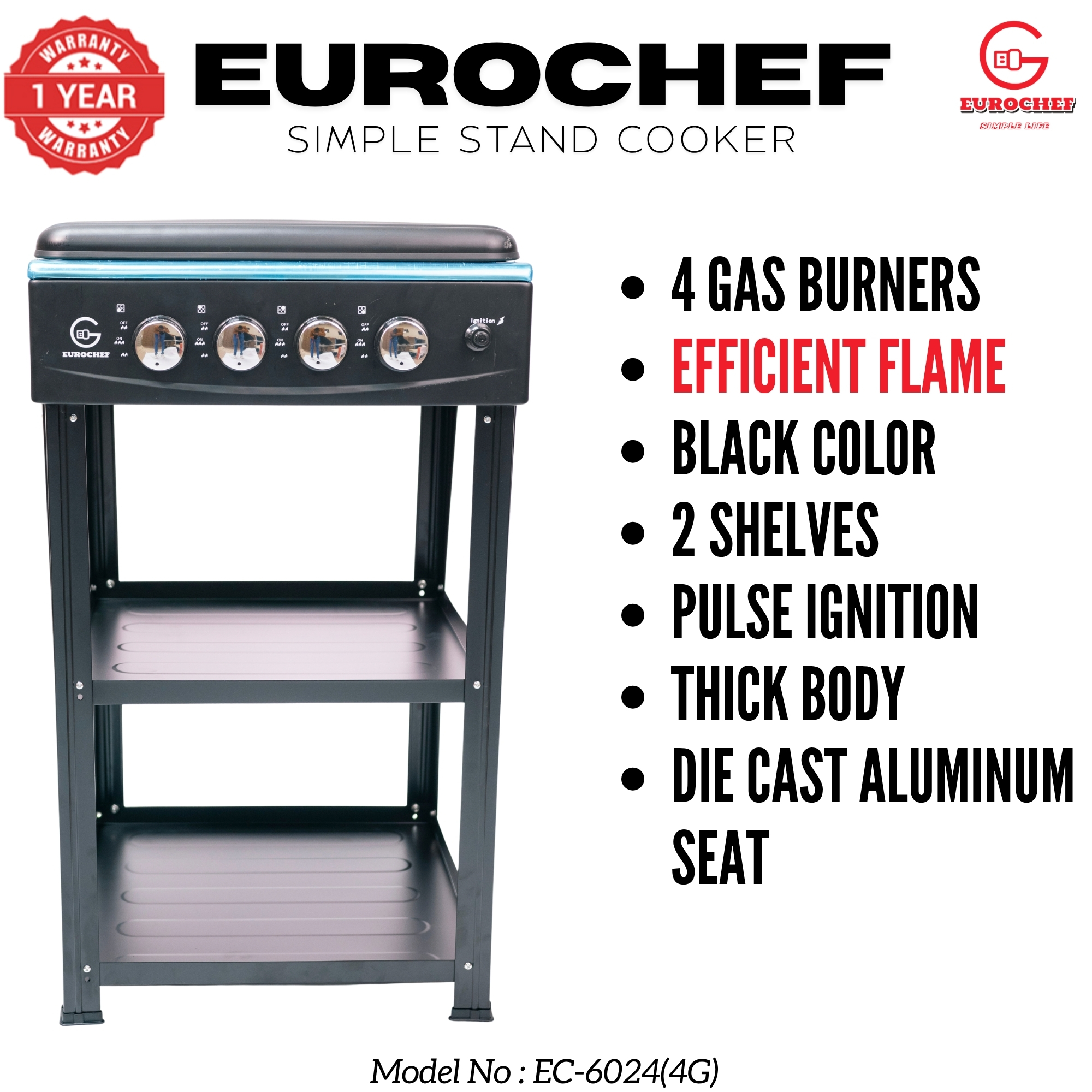【Exclusive Offer】 EUROCHEF EC-6024(4G) Simple Standing Cooker - 3 Gas Burners, 1 Electric Plate & Storage Shelves