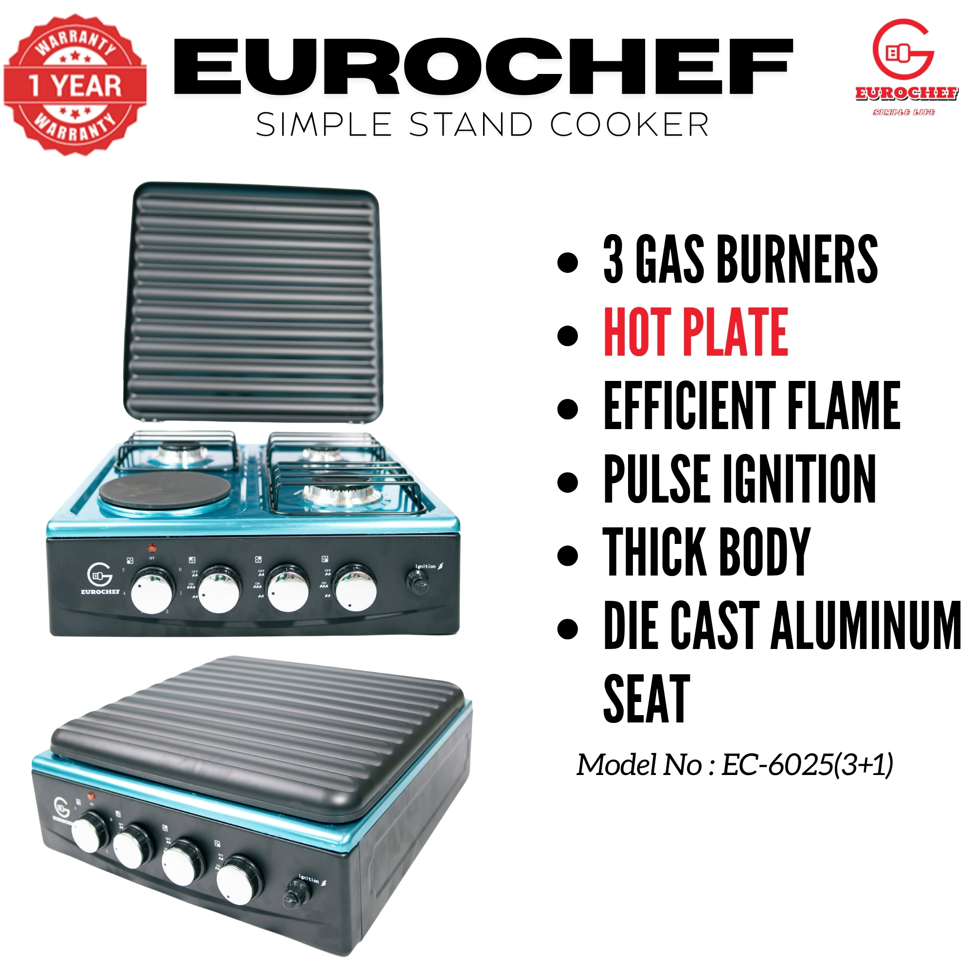 【Exclusive Offer】 EUROCHEF EC-6025(3+1)  Simple Standing Cooker 3 Gas 1 Hot Plate Cooker NO SHELF