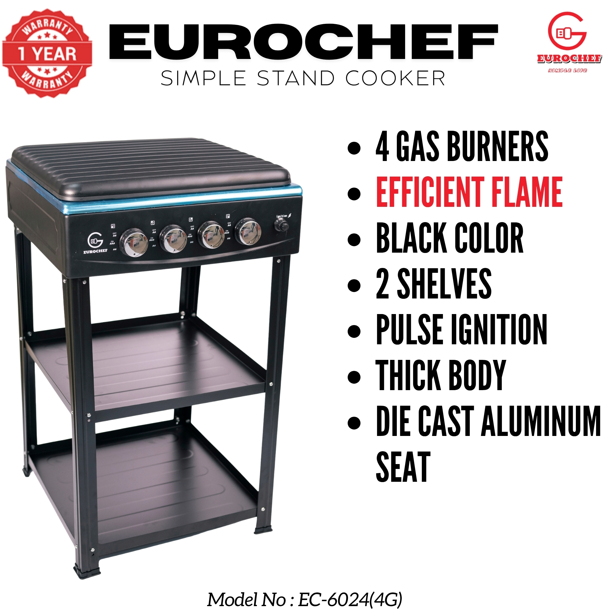 【Exclusive Offer】 EUROCHEF EC-6024(4G) Simple Standing Cooker - 3 Gas Burners, 1 Electric Plate & Storage Shelves