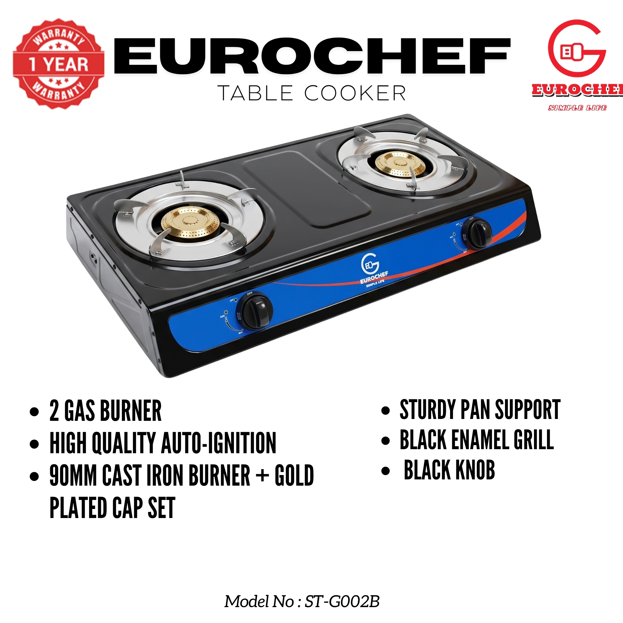 【Limited Offer】 EUROCHEF ST-G002B  Table Top Stainless Steel 2 Burner Kitchen Appliance Cooktop Gas Cooker