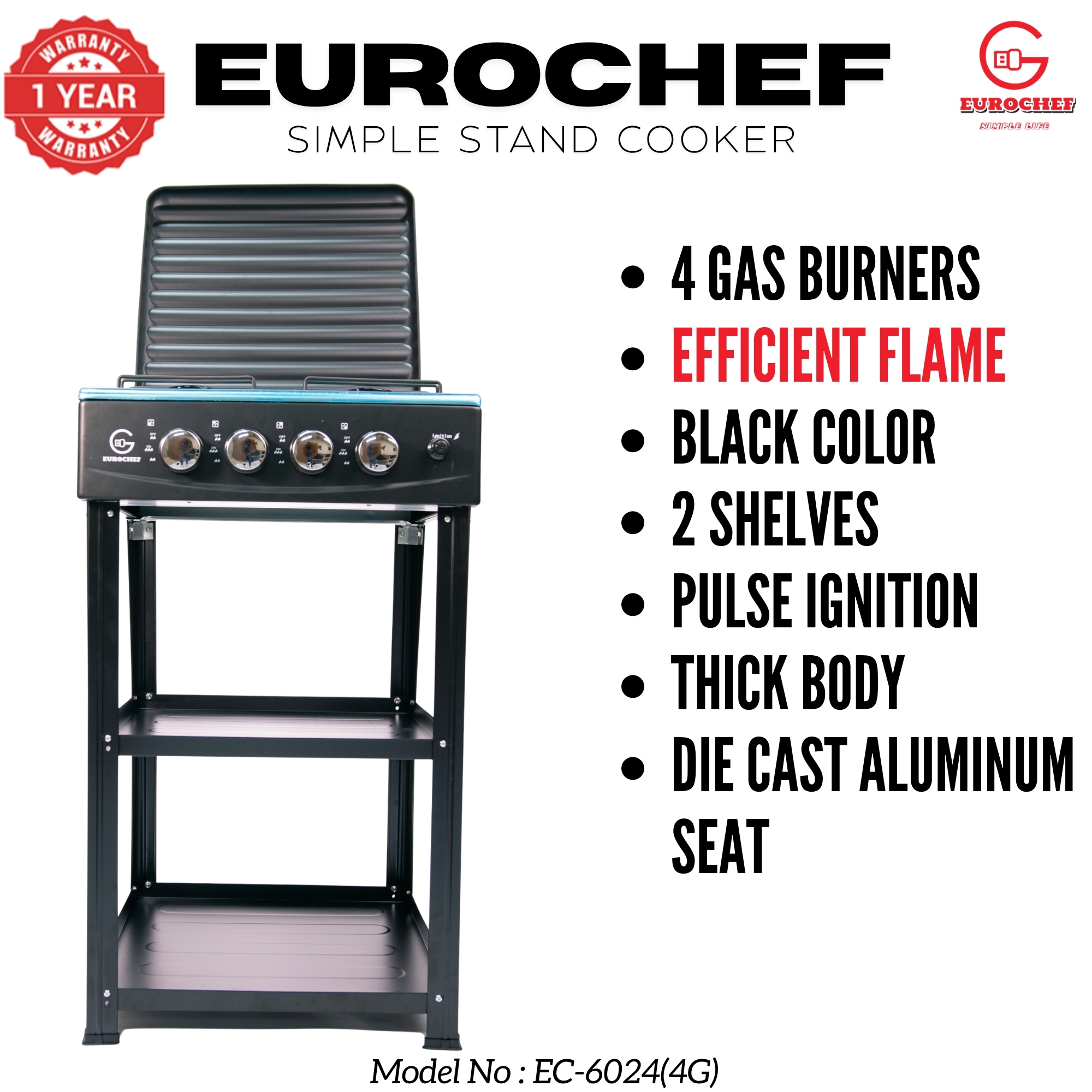 【Exclusive Offer】 EUROCHEF EC-6024(4G) Simple Standing Cooker - 3 Gas Burners, 1 Electric Plate & Storage Shelves