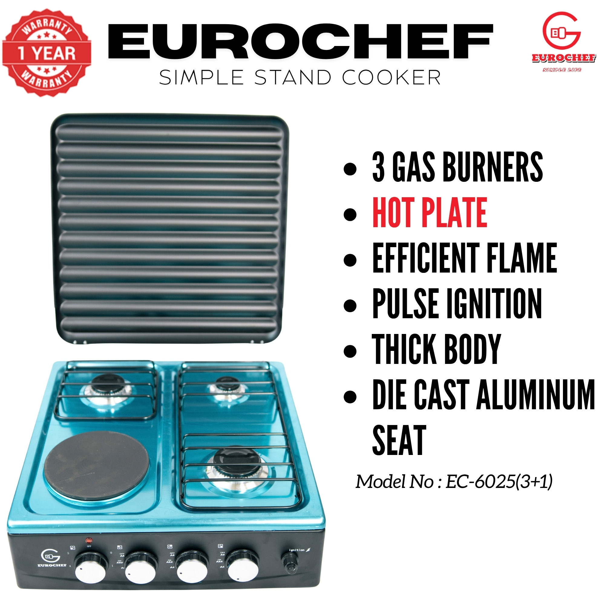 【Exclusive Offer】 EUROCHEF EC-6025(3+1)  Simple Standing Cooker 3 Gas 1 Hot Plate Cooker NO SHELF