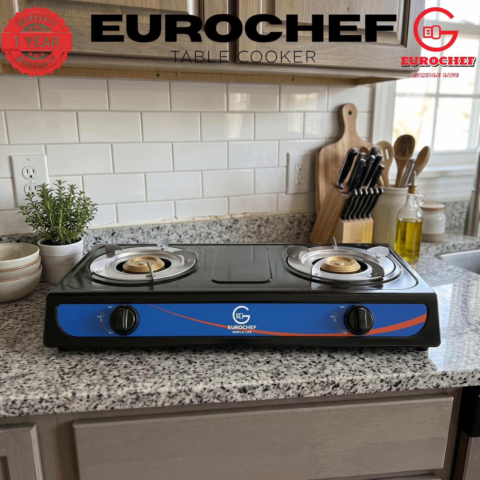 【Limited Offer】 EUROCHEF ST-G002B  Table Top Stainless Steel 2 Burner Kitchen Appliance Cooktop Gas Cooker