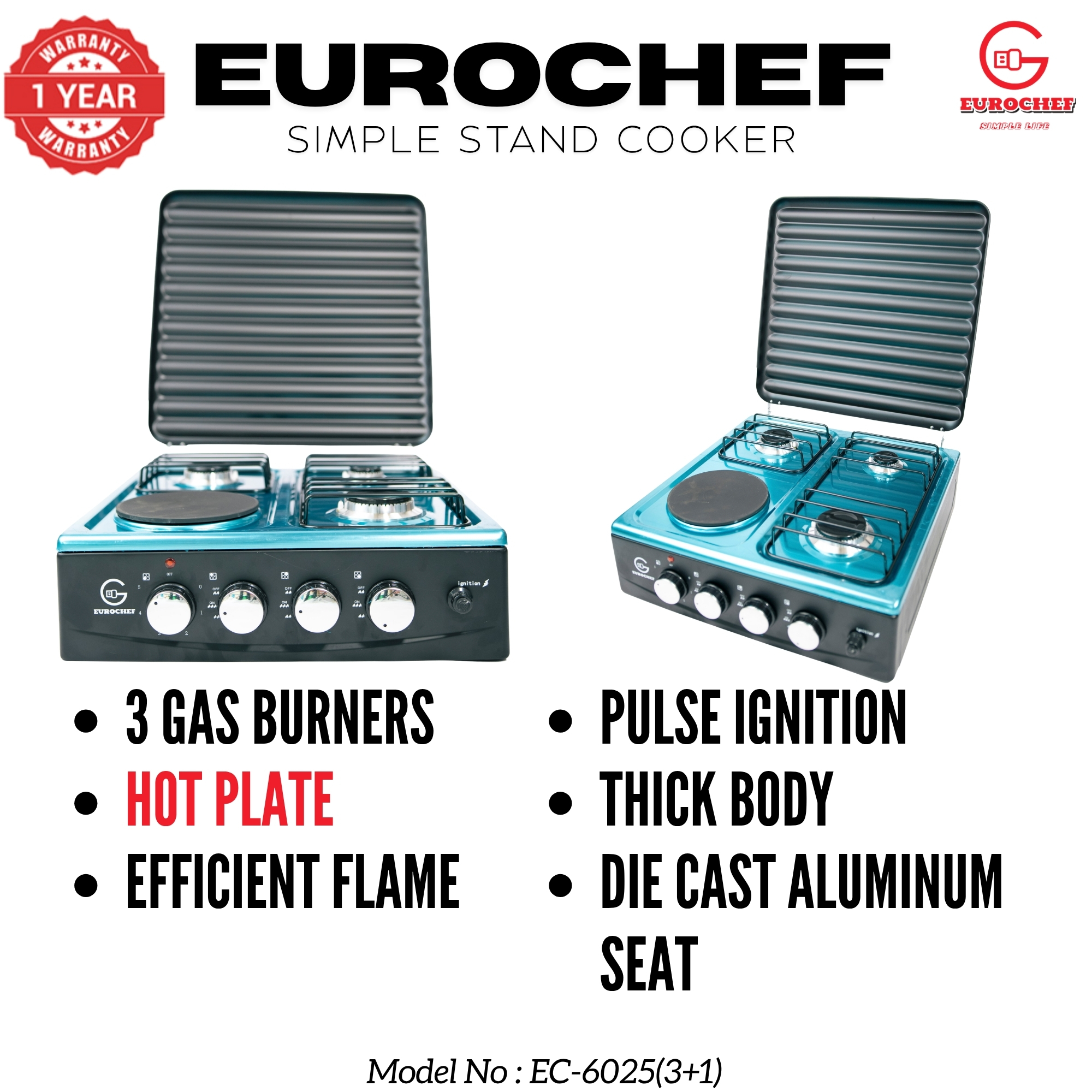 【Exclusive Offer】 EUROCHEF EC-6025(3+1)  Simple Standing Cooker 3 Gas 1 Hot Plate Cooker NO SHELF