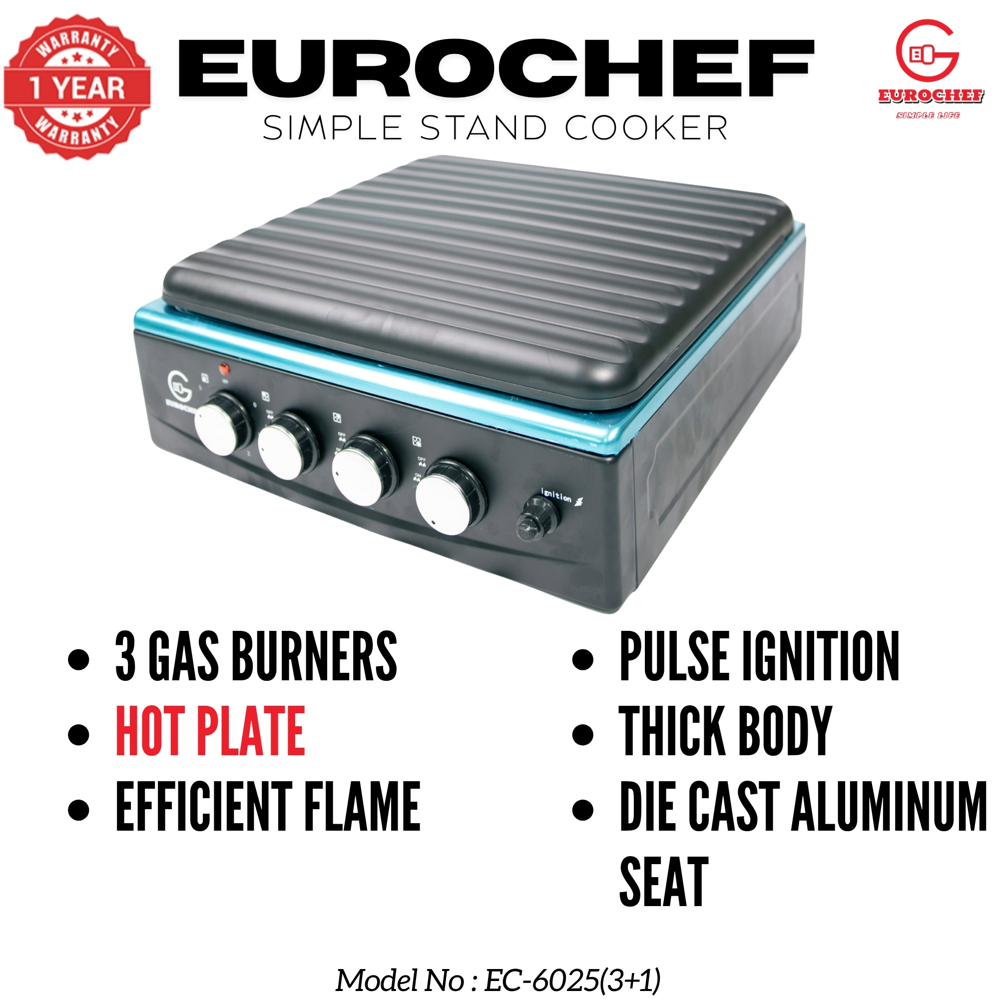 【Exclusive Offer】 EUROCHEF EC-6025(3+1)  Simple Standing Cooker 3 Gas 1 Hot Plate Cooker NO SHELF
