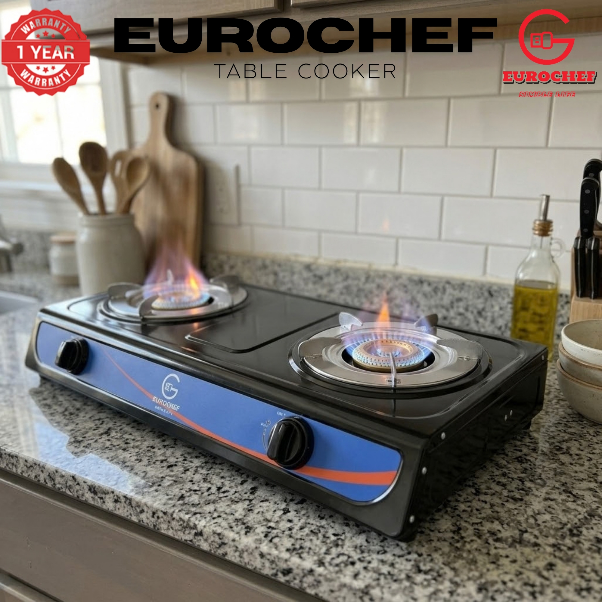【Limited Offer】 EUROCHEF ST-G002B  Table Top Stainless Steel 2 Burner Kitchen Appliance Cooktop Gas Cooker