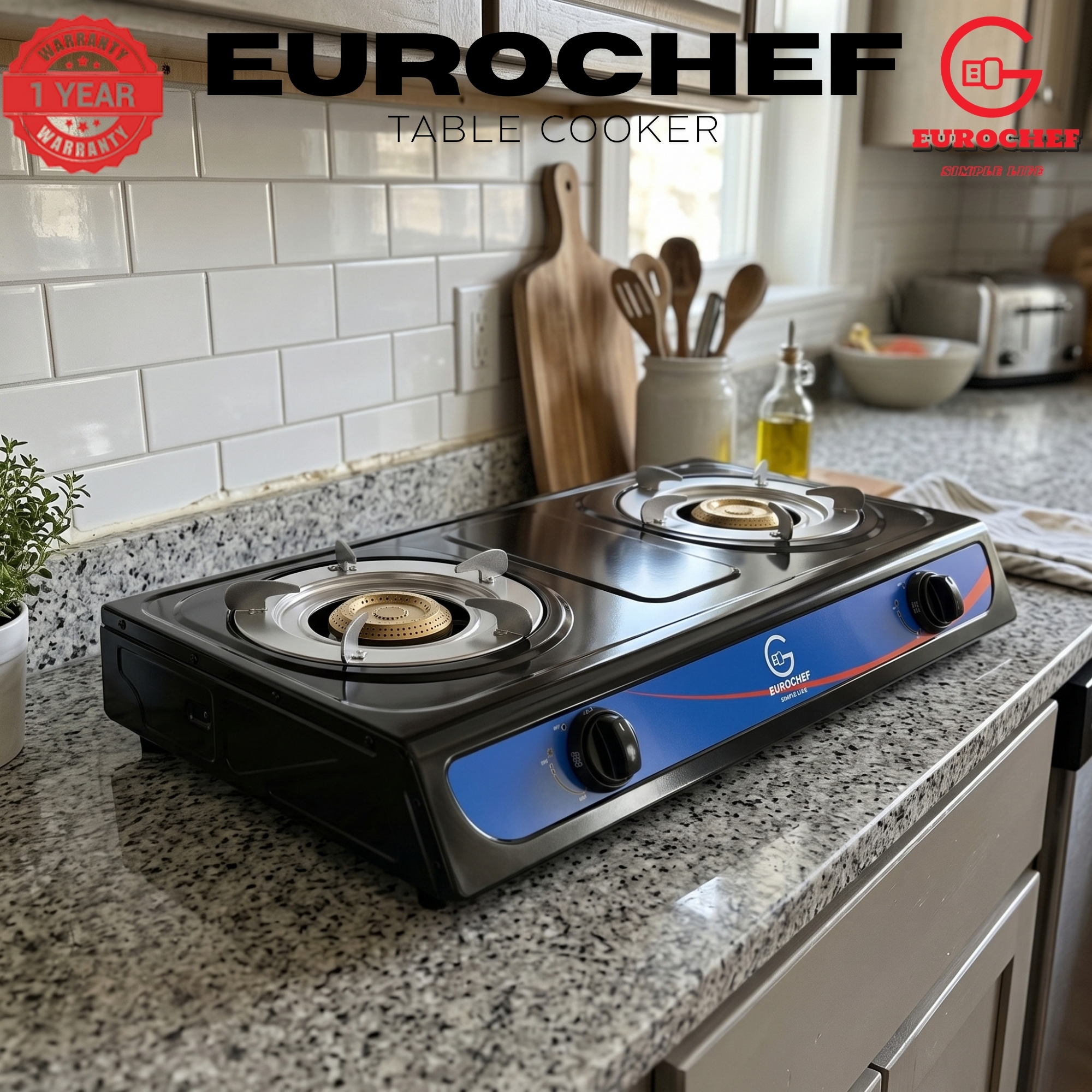 【Limited Offer】 EUROCHEF ST-G002B  Table Top Stainless Steel 2 Burner Kitchen Appliance Cooktop Gas Cooker