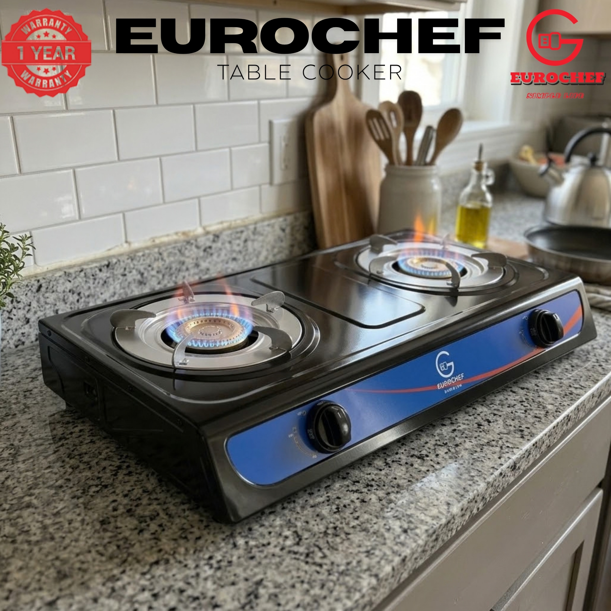 【Limited Offer】 EUROCHEF ST-G002B  Table Top Stainless Steel 2 Burner Kitchen Appliance Cooktop Gas Cooker