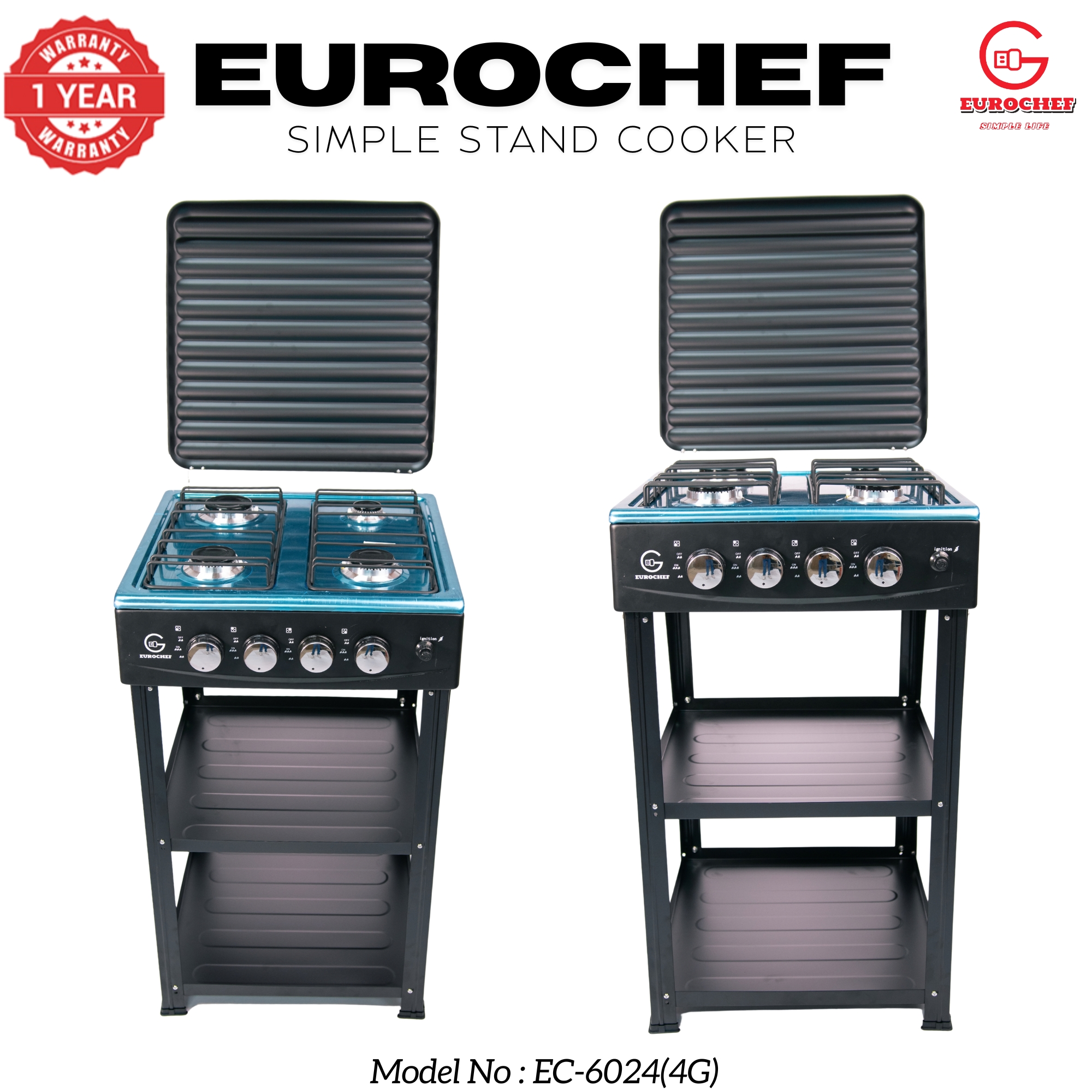 【Exclusive Offer】 EUROCHEF EC-6024(4G) Simple Standing Cooker - 3 Gas Burners, 1 Electric Plate & Storage Shelves