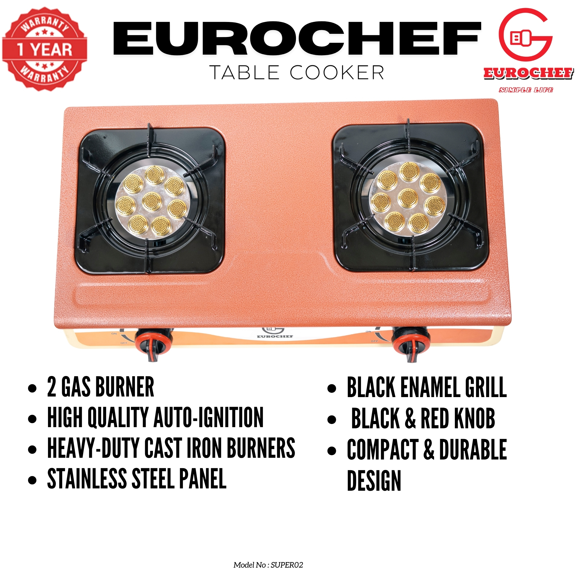 【Limited OfferEurochef ST-SUPER02 Heavy Duty Gas Cooker with Cast Iron Burners, Stainless Steel Panel & Auto Ignition
