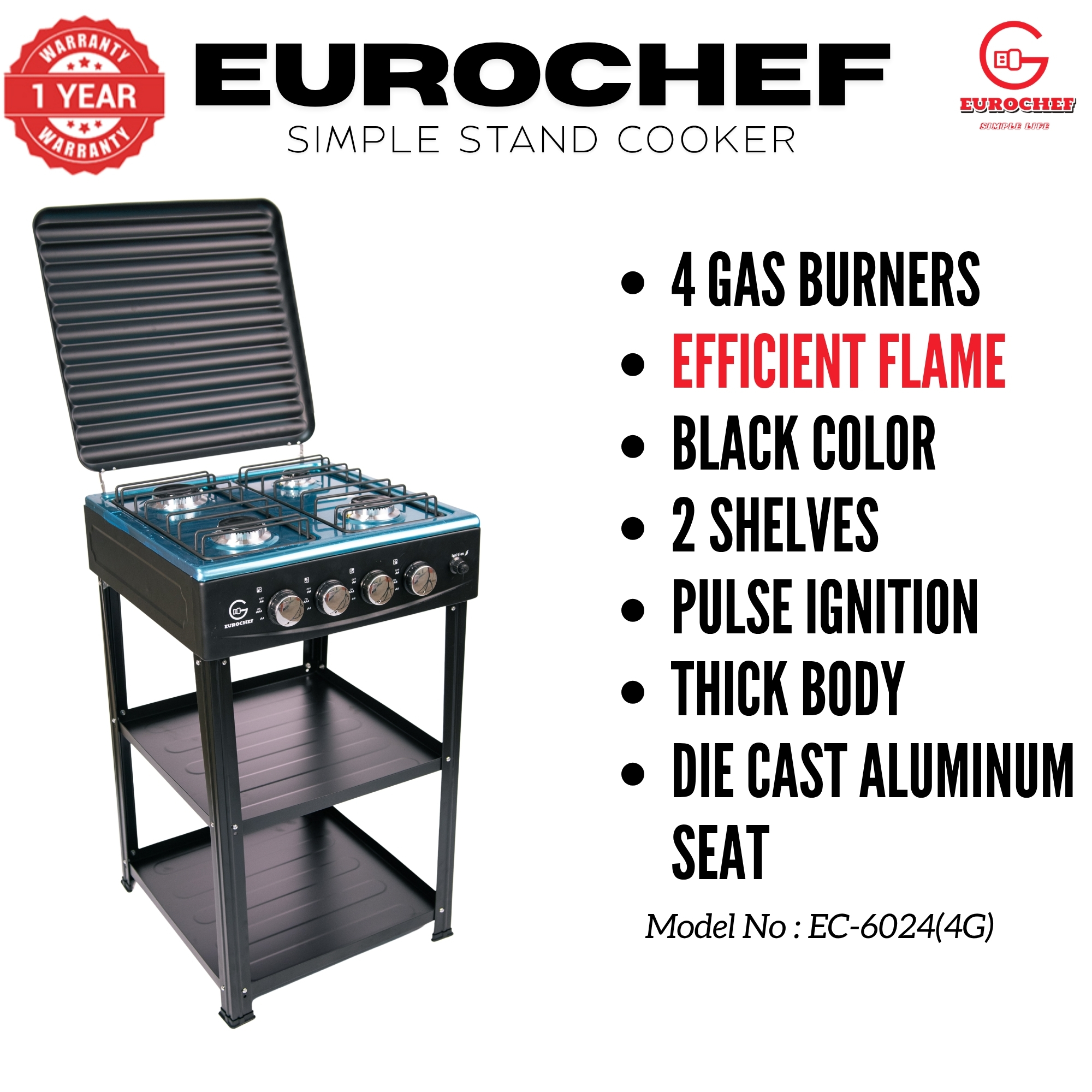【Exclusive Offer】 EUROCHEF EC-6024(4G) Simple Standing Cooker - 3 Gas Burners, 1 Electric Plate & Storage Shelves
