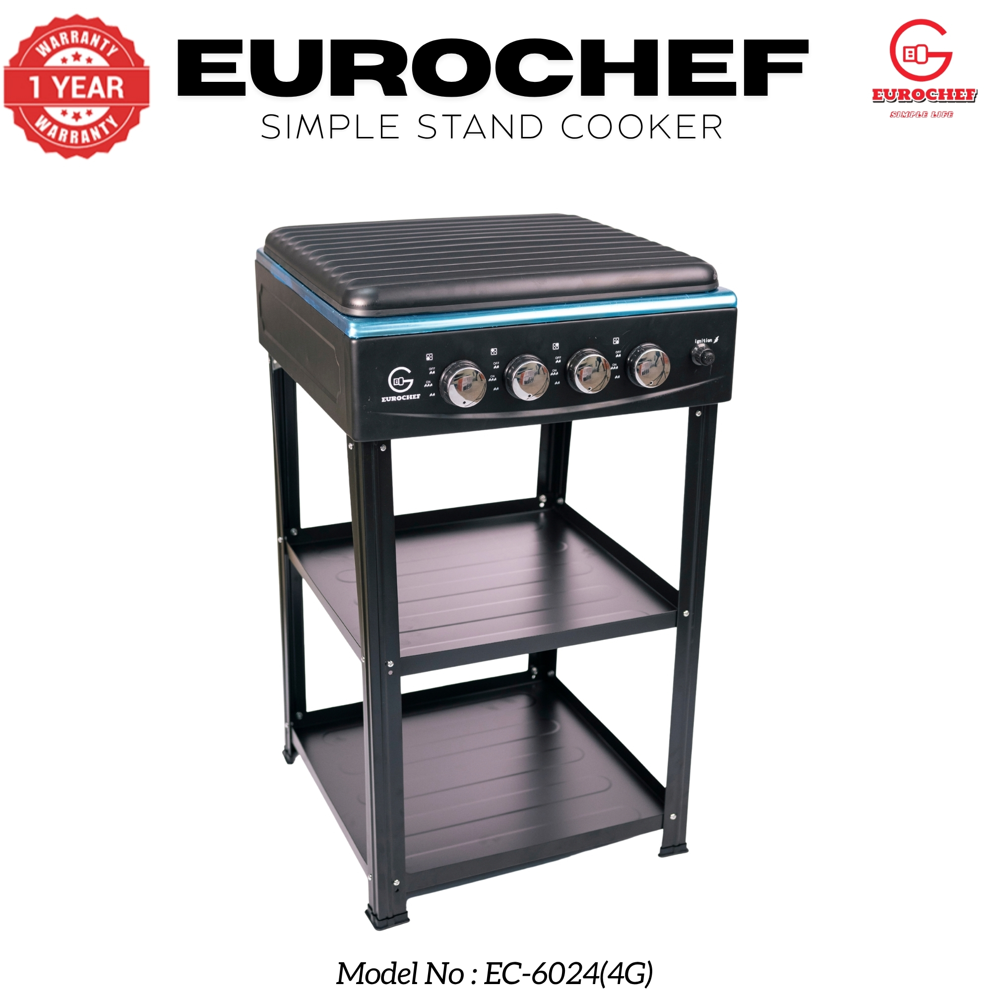 【Exclusive Offer】 EUROCHEF EC-6024(4G) Simple Standing Cooker - 3 Gas Burners, 1 Electric Plate & Storage Shelves