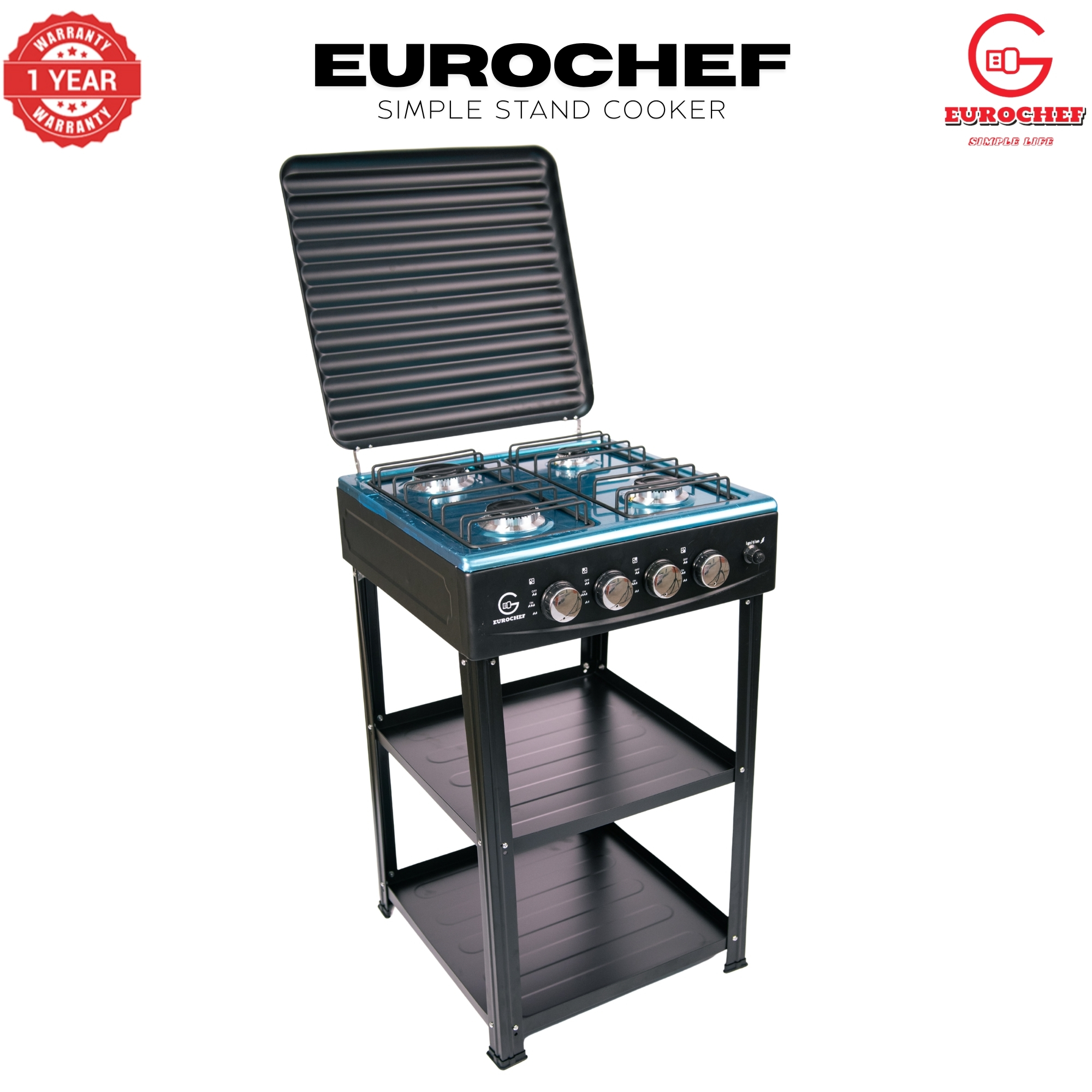 【Exclusive Offer】 EUROCHEF EC-6024(4G) Simple Standing Cooker - 3 Gas Burners, 1 Electric Plate & Storage Shelves