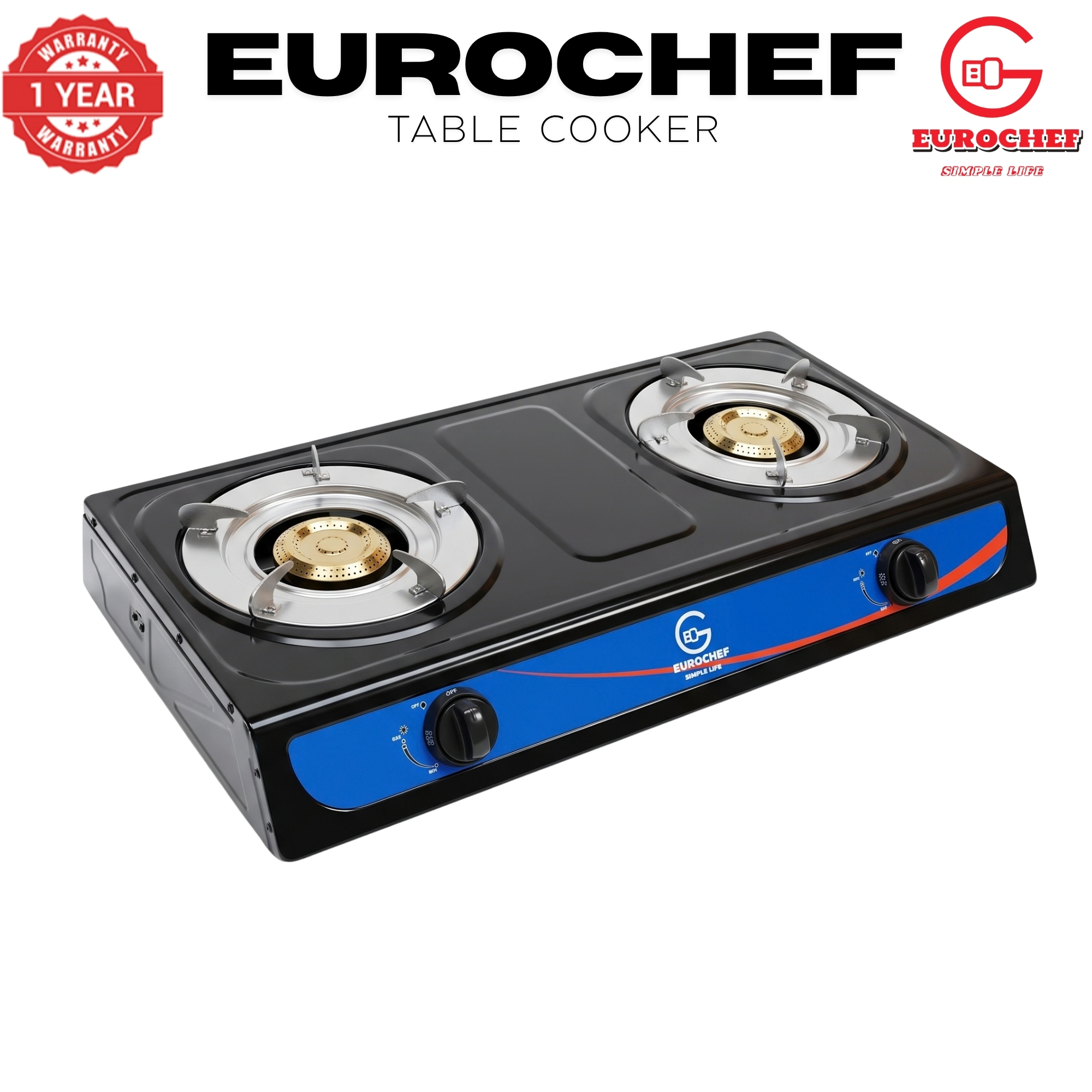 【Limited Offer】 EUROCHEF ST-G002B  Table Top Stainless Steel 2 Burner Kitchen Appliance Cooktop Gas Cooker