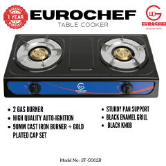 【Limited Offer】 EUROCHEF ST-G002B  Table Top Stainless Steel 2 Burner Kitchen Appliance Cooktop Gas Cooker
