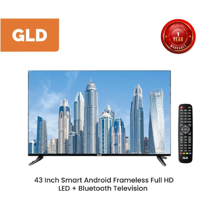 GLD 43" Inch Smart Android TV Frameless Full HD 1080P LED Television, Bluetooth Enabled, Built-in WiFi, Support Netflix YouTube, HDMI & USB Ports, Multi-Media Screen Mirroring (G4300D2B-SA)