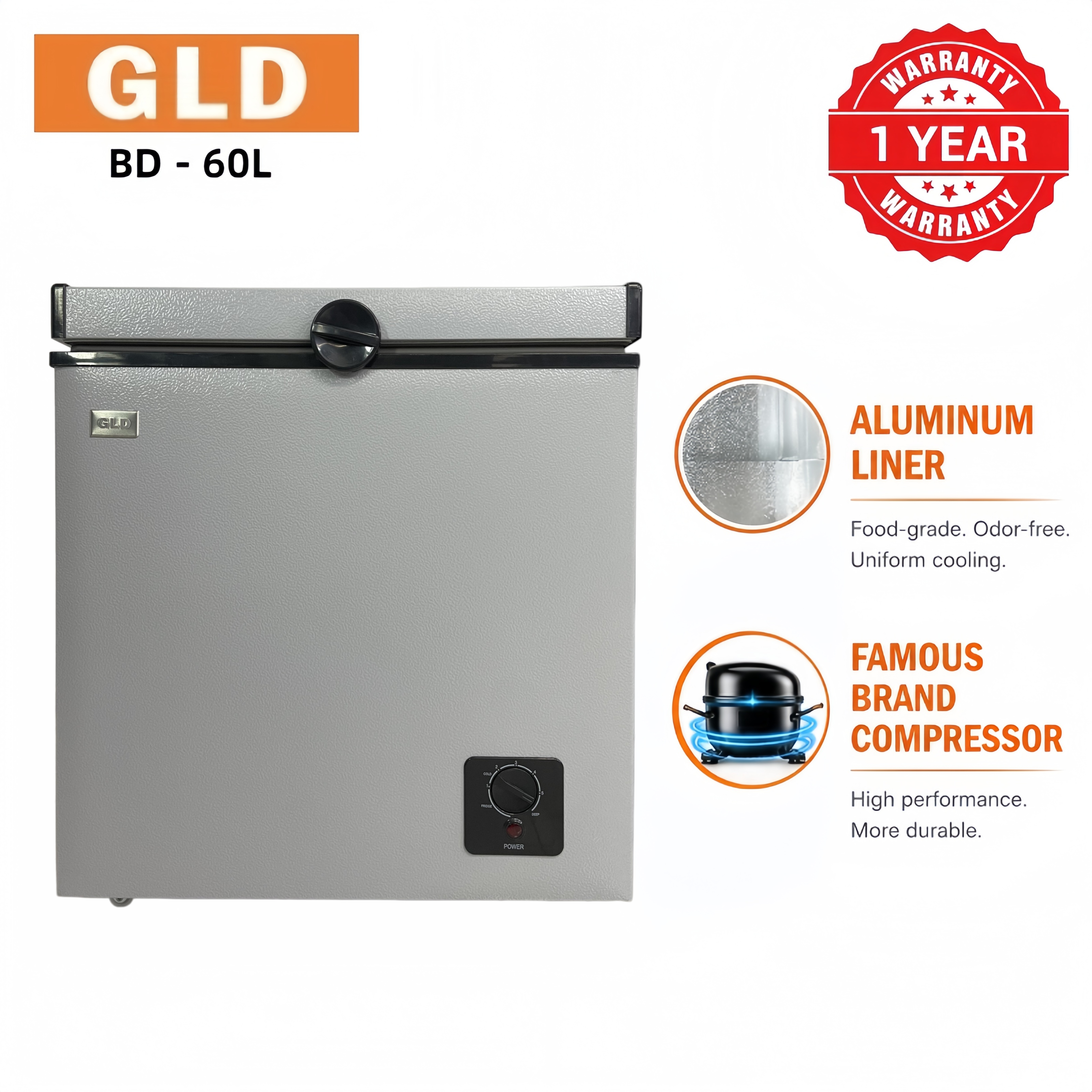GLD 60L Chest Freezer | Fast Cooling & Good Heat Retention | Food-grade Aluminum Liner | Compact Space-saving Design | Even Temperaturem , Less Frost | Quick Freeze & Fresh Keeping