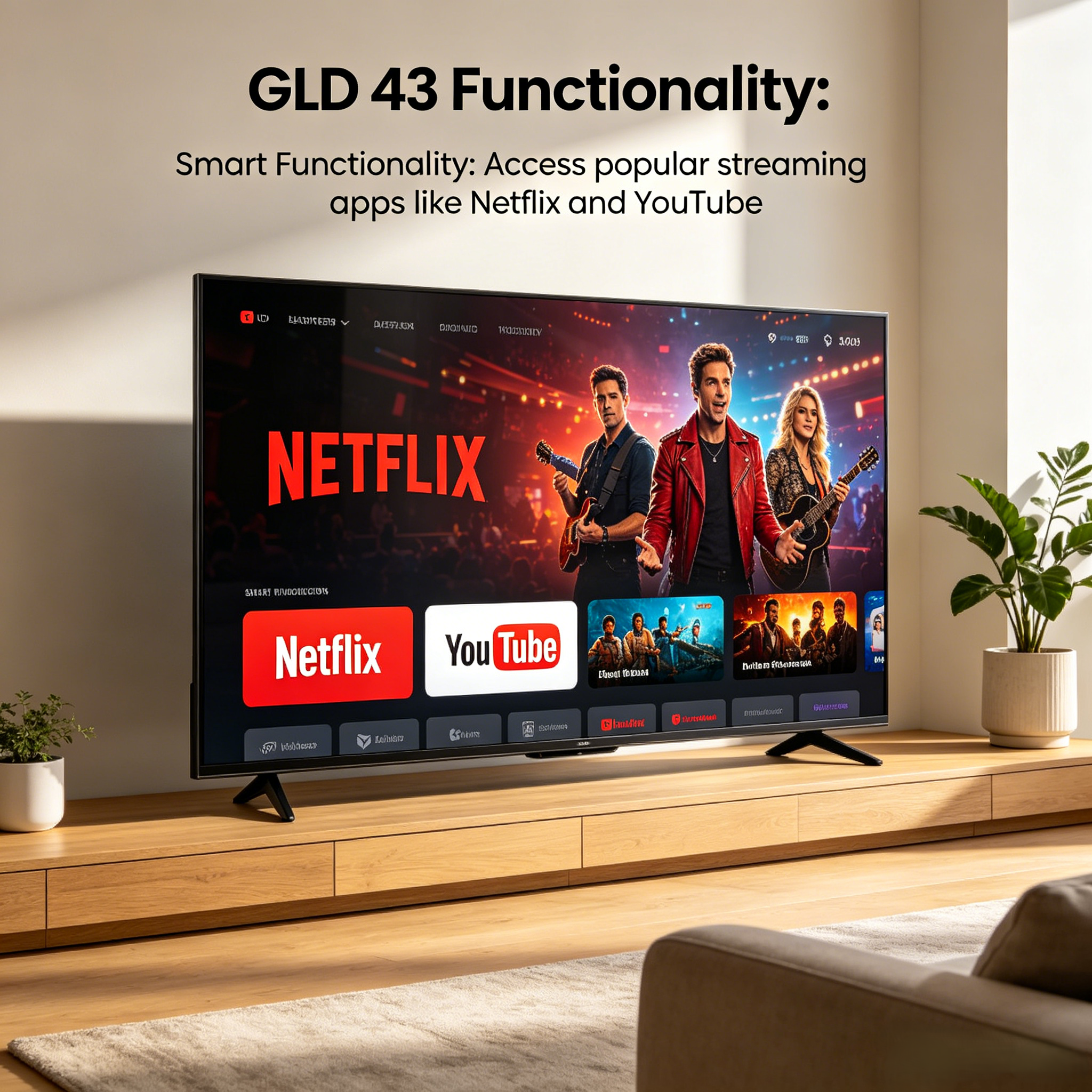 GLD 43" Inch Smart Android TV Frameless Full HD 1080P LED Television, Bluetooth Enabled, Built-in WiFi, Support Netflix YouTube, HDMI & USB Ports, Multi-Media Screen Mirroring (G4300D2B-SA)