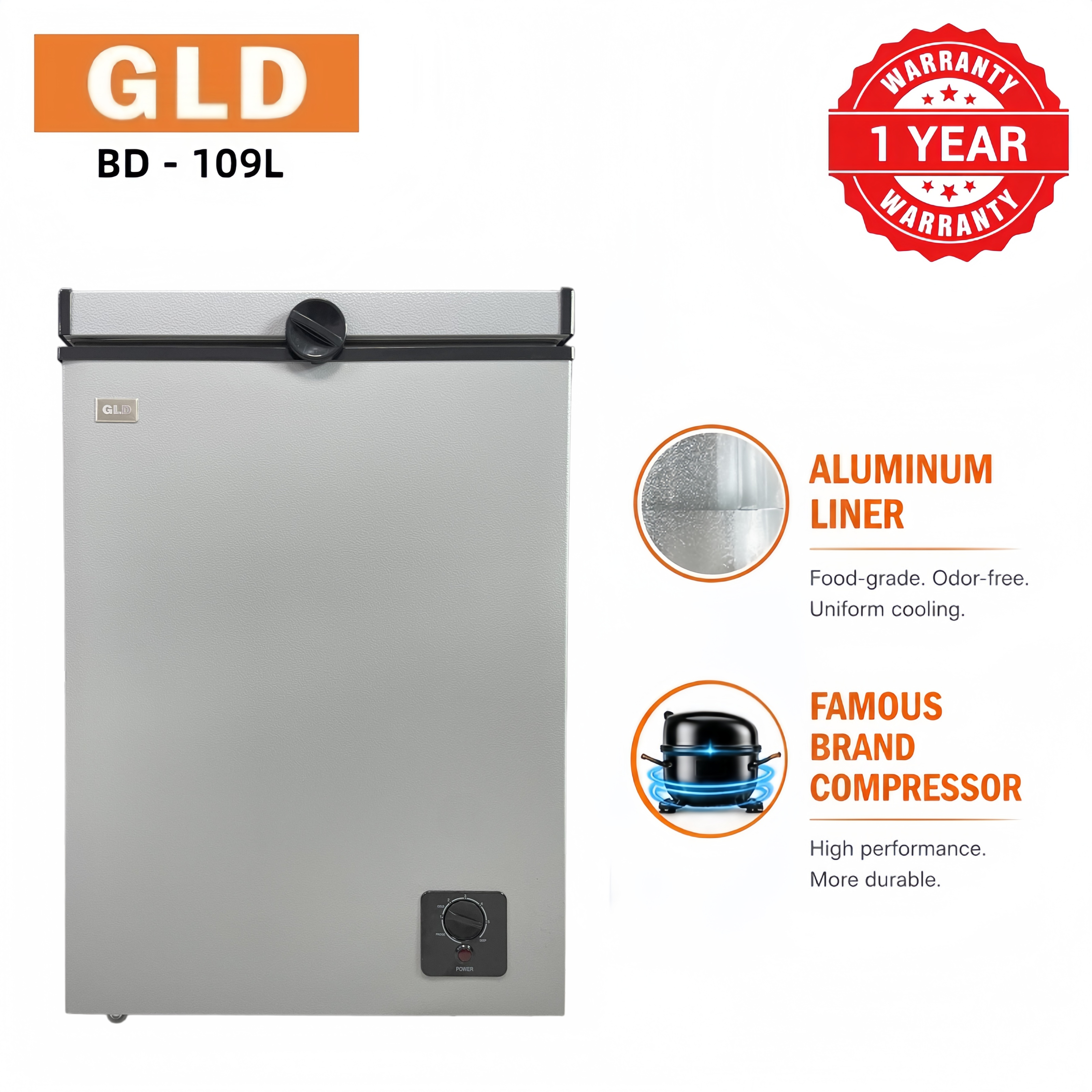 GLD 109L Chest Freezer | Fast Cooling & Good Heat Retention | Food-grade Aluminum Liner | Compact Space-saving Design | Even Temperaturem , Less Frost | Quick Freeze & Fresh Keeping