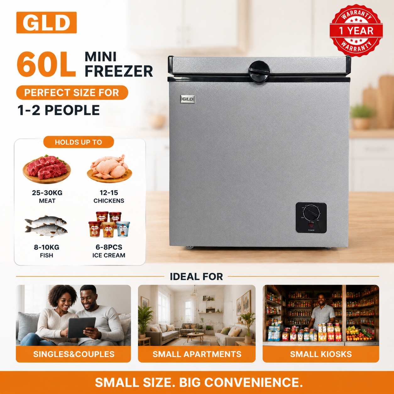 GLD 60L Chest Freezer Fast Cooling Energy Saving Food-grade Aluminum Liner Compact Space-saving Less Frost  Fresh Keeping for Home and Small Business Refrigerator