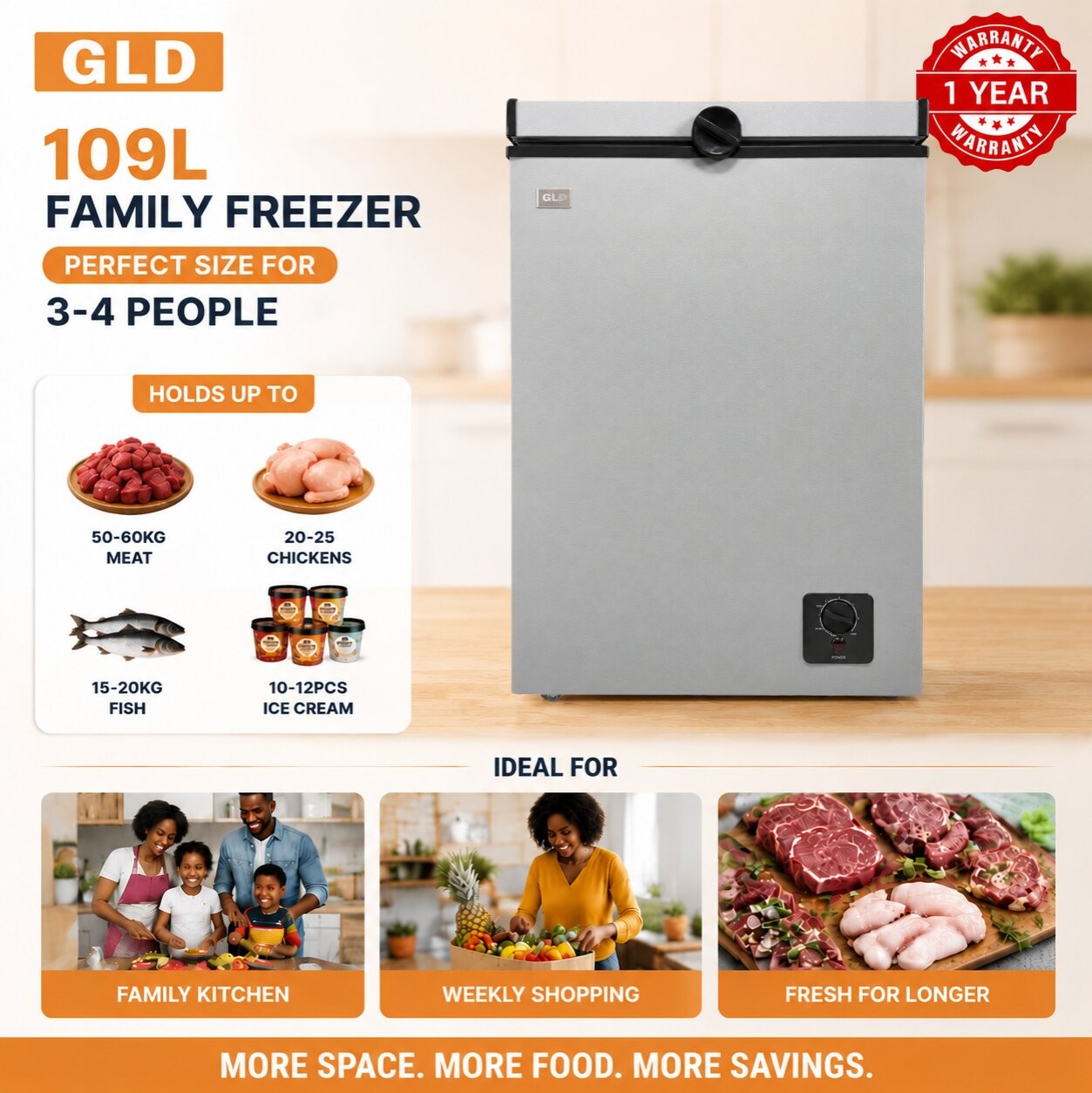 GLD 109L Chest Freezer Fast Cooling Energy Saving Food-grade Aluminum Liner Compact Space-saving Less Frost  Fresh Keeping for Home and Business Refrigerator