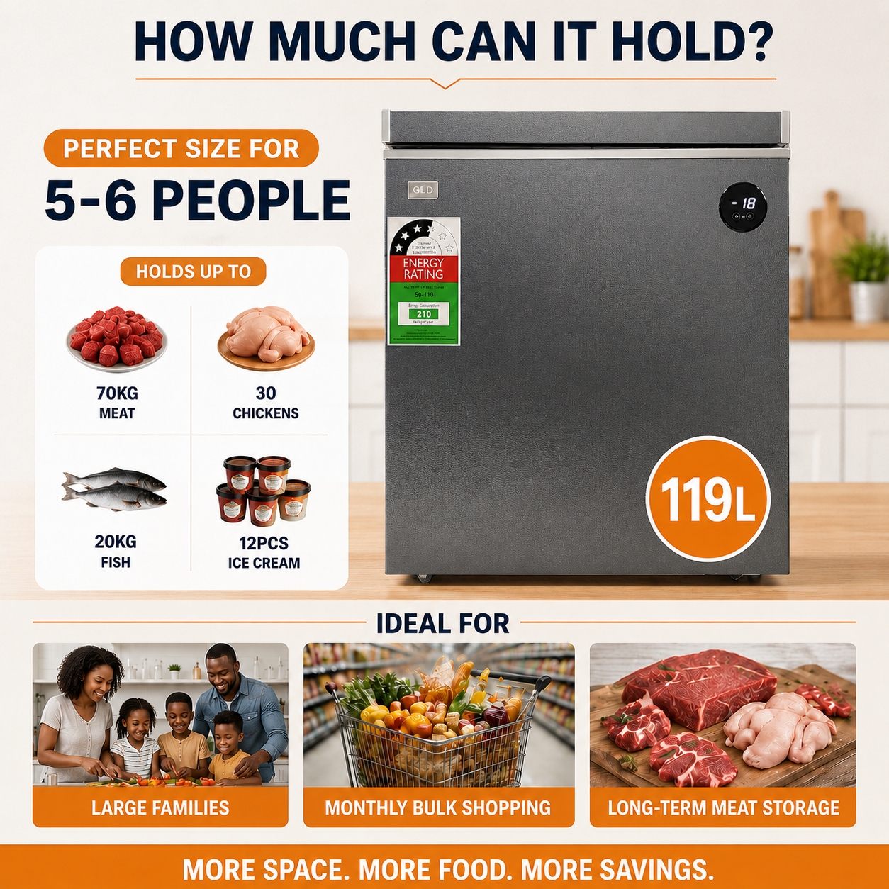 GLD 119L Smart Chest Freezer | Built-In Voltage Stabilizer & Power Delay Protection | Touch Temperature Control | No Extra Fridge Guard Needed | Fast Cooling