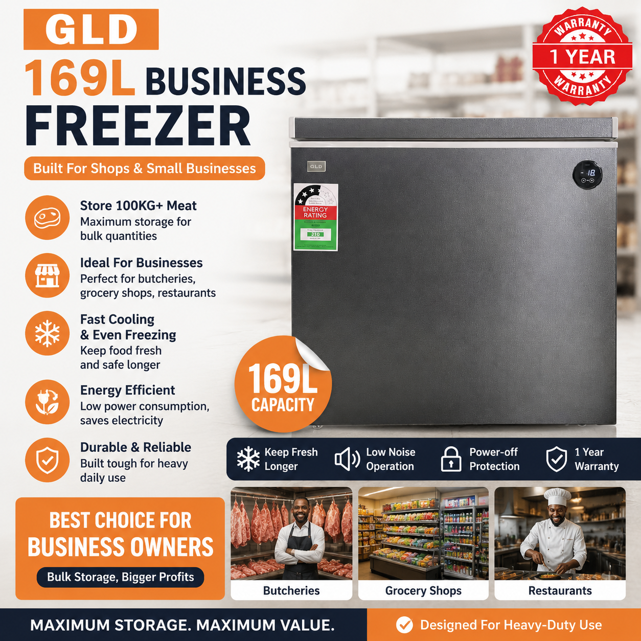 GLD 169L Chest Deep Freezer | Fast Cooling | Energy Saving | Smart Digital Display | Power Outage Protection | Food-Grade Aluminum Liner | 0°C Alarm | 80% Less Frost | Ultra Quiet