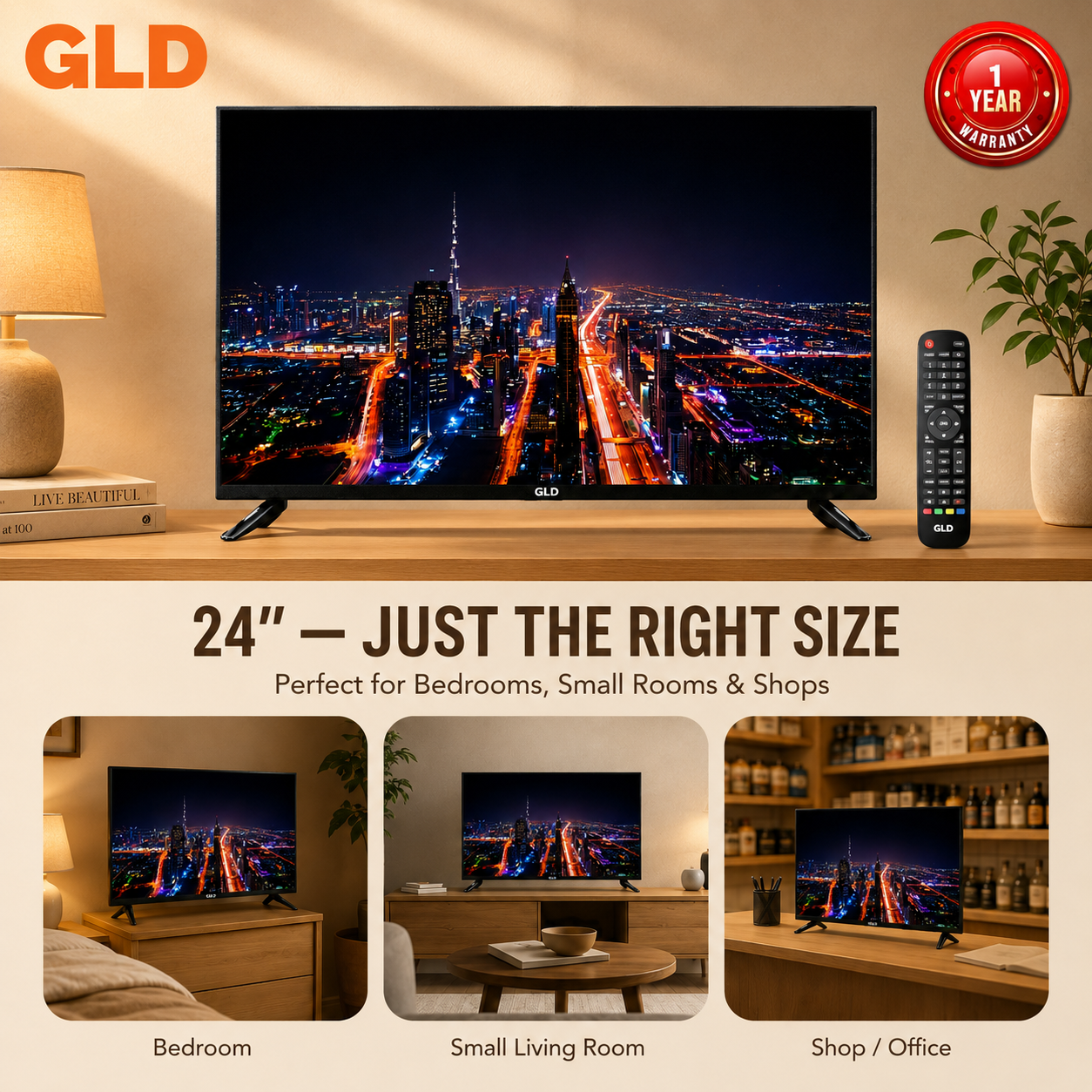GLD 24FZ Frameless 23.6-Inch HD LED Digital TV, DVB-T2, 1366×768, 2×5W Stereo Sound, 2 HDMI, 2 USB, Black