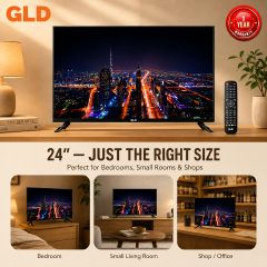 GLD 24FZ Frameless 23.6-Inch HD LED Digital TV, DVB-T2, 1366×768, 2×5W Stereo Sound, 2 HDMI, 2 USB, Black