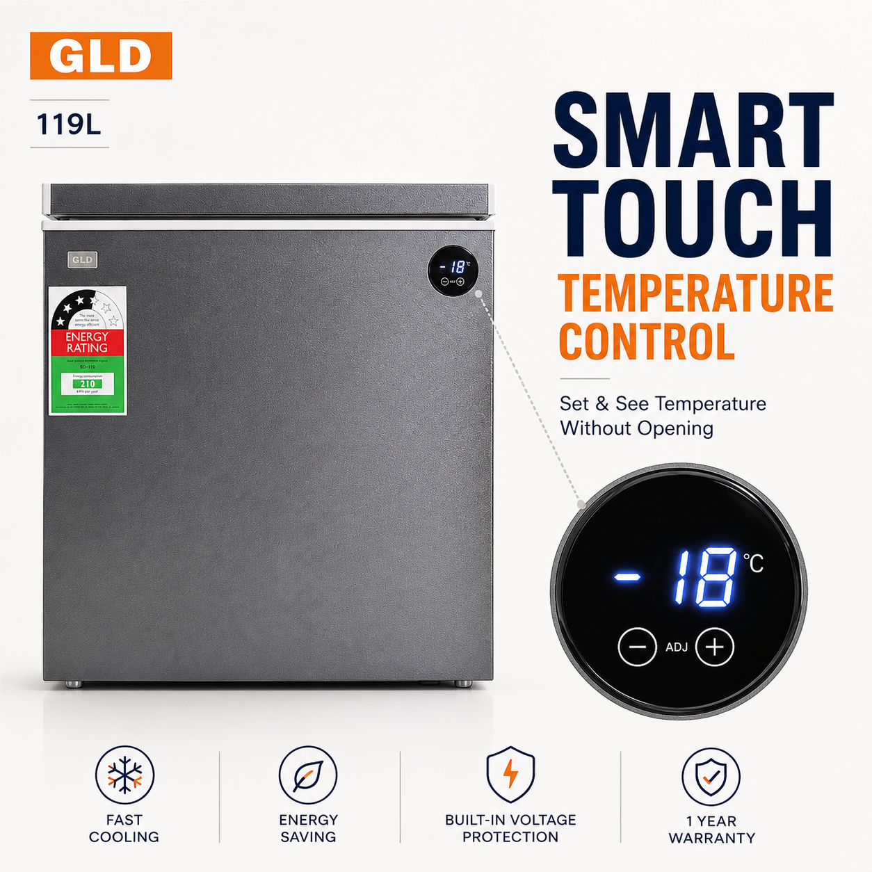 GLD 119L Smart Chest Freezer | Built-In Voltage Stabilizer & Power Delay Protection | Touch Temperature Control | No Extra Fridge Guard Needed | Fast Cooling
