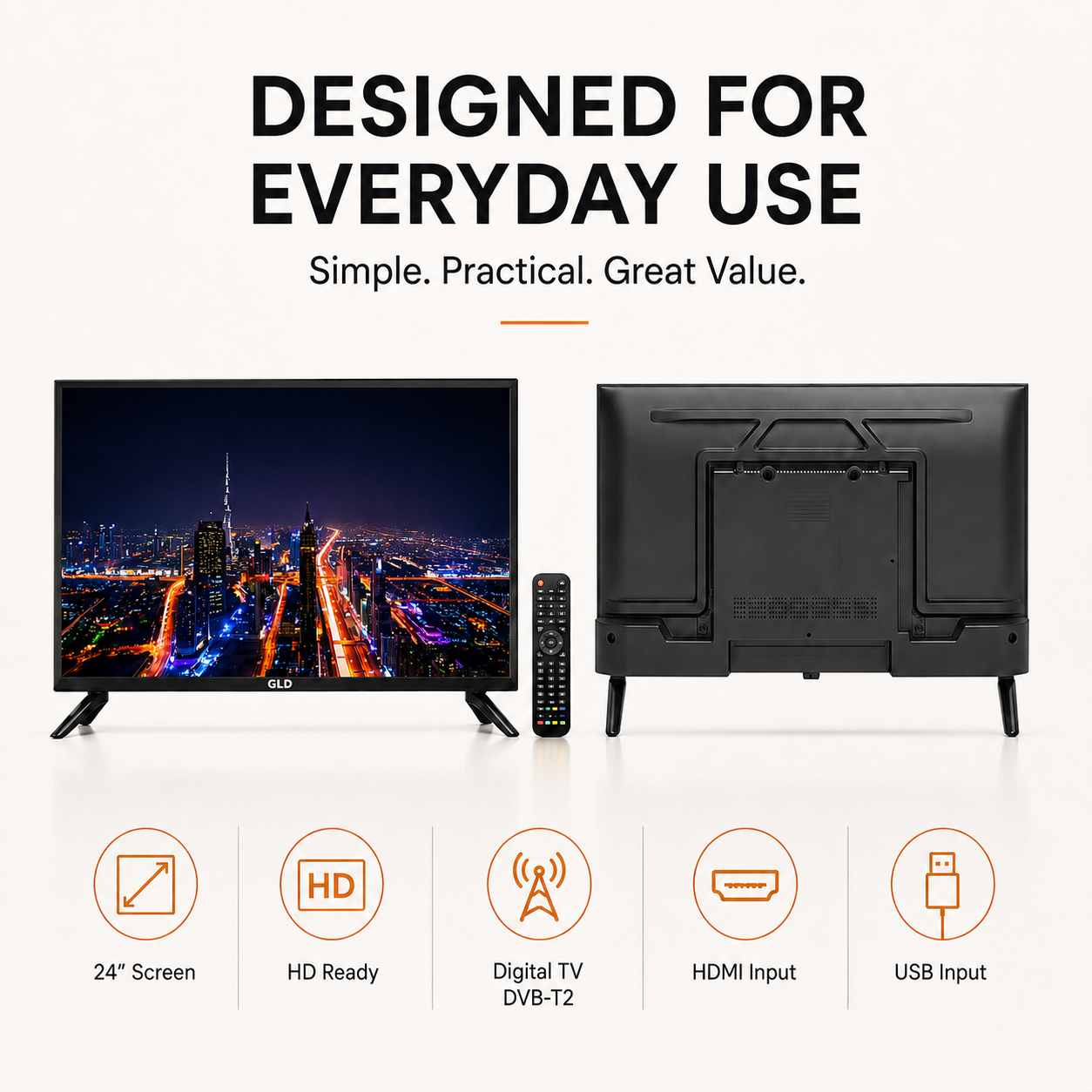 GLD 24FZ Frameless 23.6-Inch HD LED Digital TV, DVB-T2, 1366×768, 2×5W Stereo Sound, 2 HDMI, 2 USB, Black