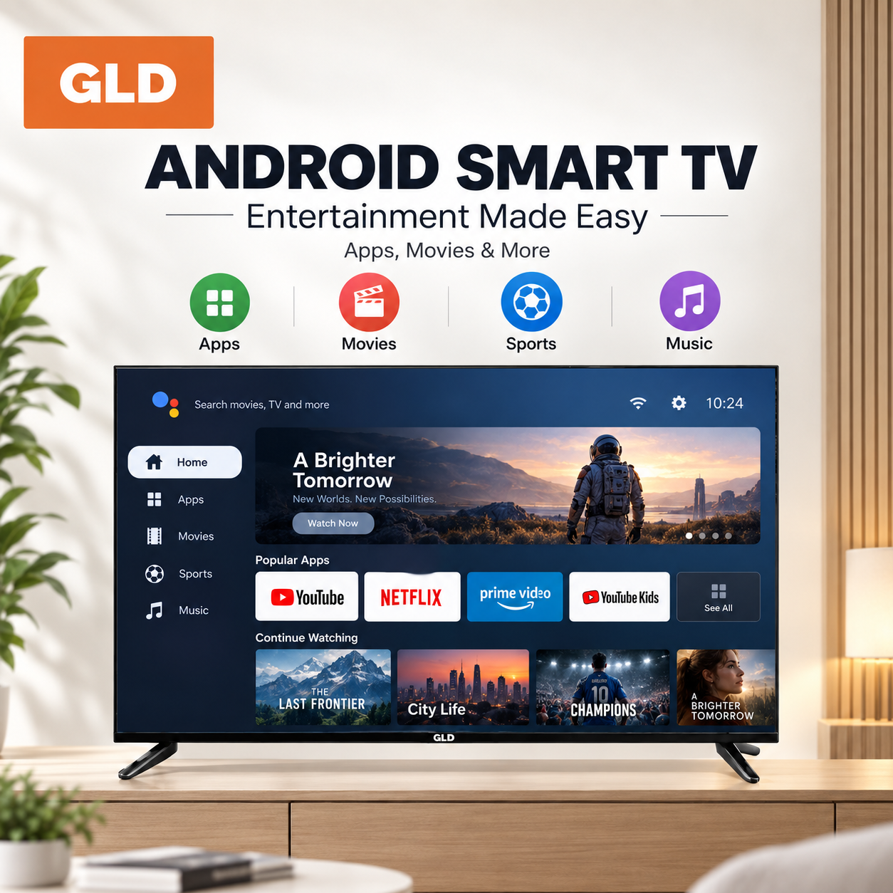 GLD 43" Smart Android TV, Full HD 1080P, Built-in WiFi & Bluetooth, Netflix YouTube, Screen Mirroring, HDMI USB, 1 Year Warranty