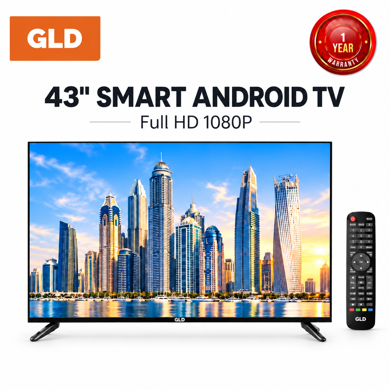 GLD 43" Smart Android TV, Full HD 1080P, Built-in WiFi & Bluetooth, Netflix YouTube, Screen Mirroring, HDMI USB, 1 Year Warranty