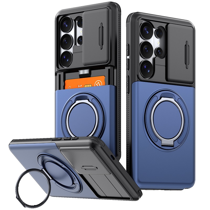 Phone Case for Samsung Galaxy S26 S25 FE S24 Plus S23 S22 Ultra with Slide Camera Cover Hidden Wallet Card Holder 360 Ring Stand Shockproof Armor Case