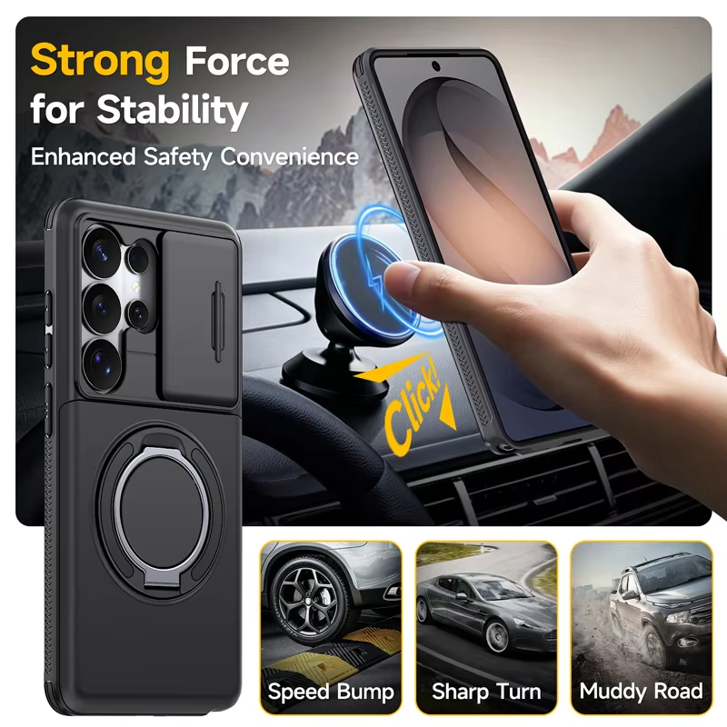 Phone Case for Samsung Galaxy S26 S25 FE S24 Plus S23 S22 Ultra with Slide Camera Cover Hidden Wallet Card Holder 360 Ring Stand Shockproof Armor Case