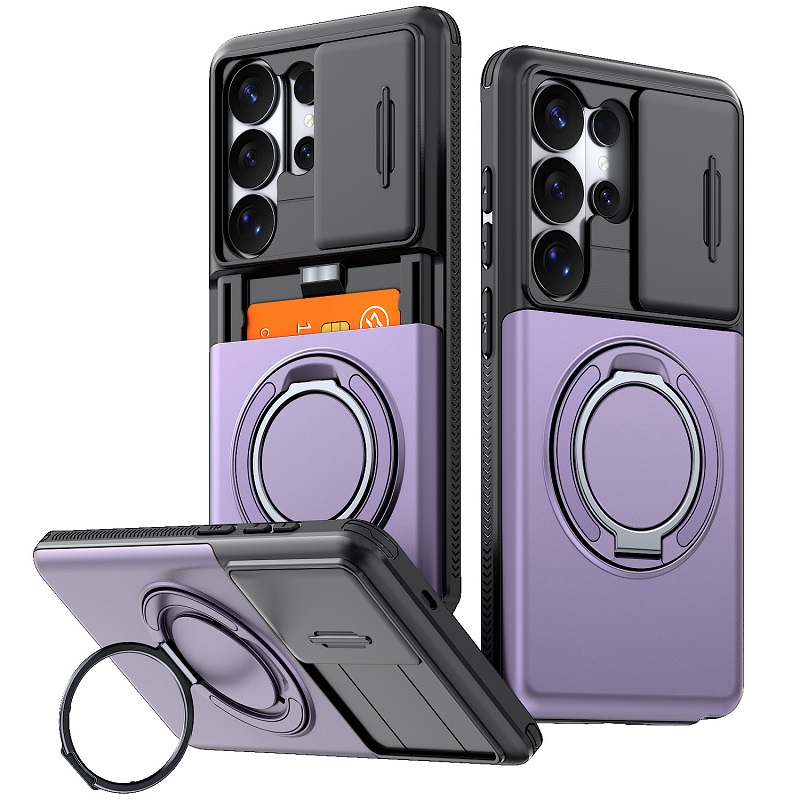 Phone Case for Samsung Galaxy S26 S25 FE S24 Plus S23 S22 Ultra with Slide Camera Cover Hidden Wallet Card Holder 360 Ring Stand Shockproof Armor Case