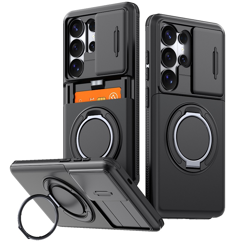 Phone Case for Samsung Galaxy S26 S25 FE S24 Plus S23 S22 Ultra with Slide Camera Cover Hidden Wallet Card Holder 360 Ring Stand Shockproof Armor Case