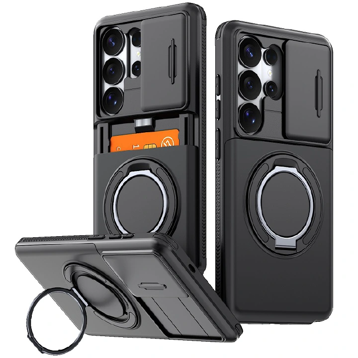 Phone Case for Samsung Galaxy S26 S25 FE S24 Plus S23 S22 Ultra with Slide Camera Cover Hidden Wallet Card Holder 360 Ring Stand Shockproof Armor Case