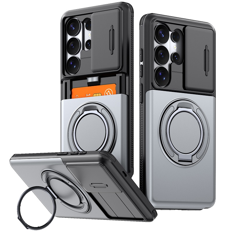 Phone Case for Samsung Galaxy S26 S25 FE S24 Plus S23 S22 Ultra with Slide Camera Cover Hidden Wallet Card Holder 360 Ring Stand Shockproof Armor Case