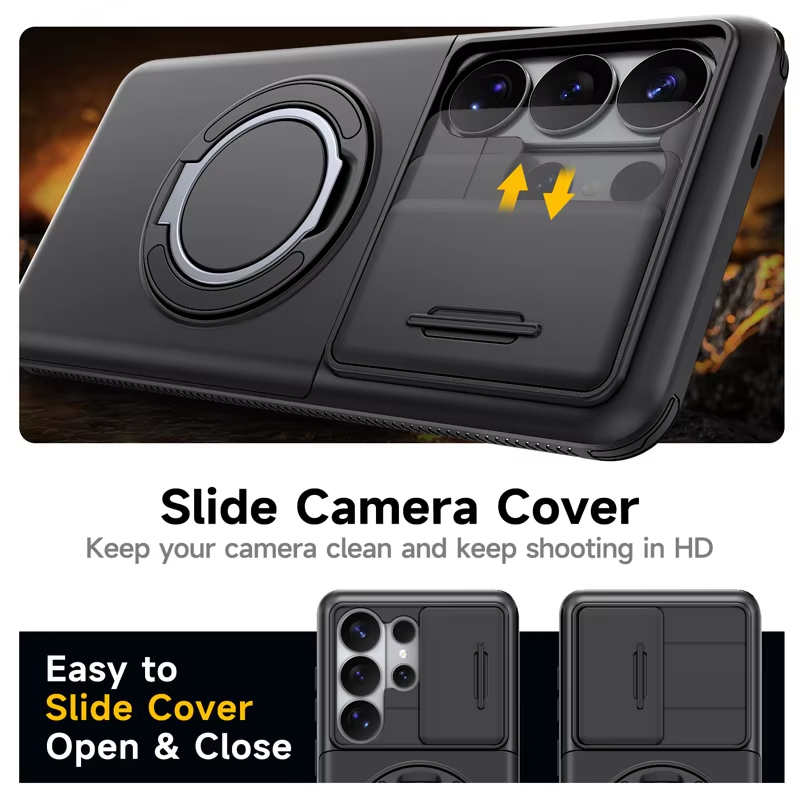 Phone Case for Samsung Galaxy S26 S25 FE S24 Plus S23 S22 Ultra with Slide Camera Cover Hidden Wallet Card Holder 360 Ring Stand Shockproof Armor Case