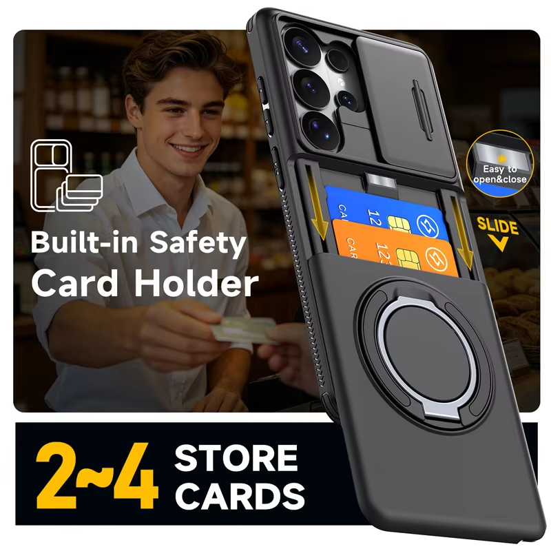 Phone Case for Samsung Galaxy S26 S25 FE S24 Plus S23 S22 Ultra with Slide Camera Cover Hidden Wallet Card Holder 360 Ring Stand Shockproof Armor Case