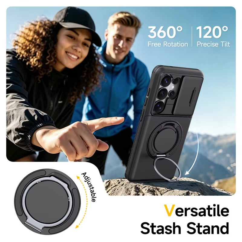 Phone Case for Samsung Galaxy S26 S25 FE S24 Plus S23 S22 Ultra with Slide Camera Cover Hidden Wallet Card Holder 360 Ring Stand Shockproof Armor Case