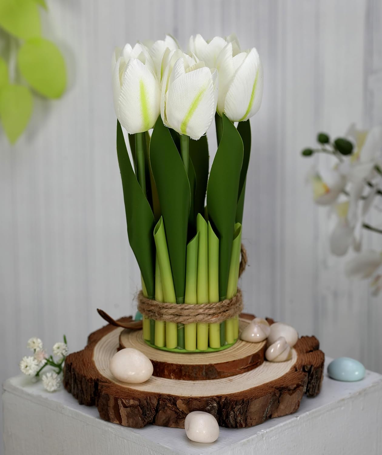 6-Piece Artificial Tulip Bouquet – Rustic Sisal Rope Wrapped Faux Flowers for Table, Shelf & Home Decor – Elegant Indoor Floral Arrangement