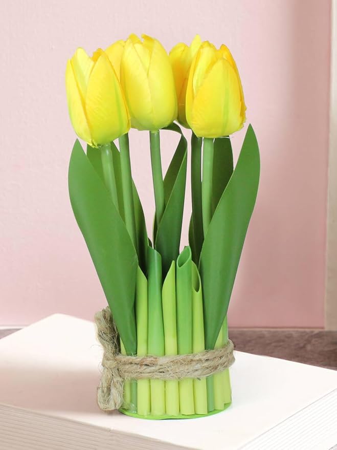 6-Piece Artificial Tulip Bouquet – Rustic Sisal Rope Wrapped Faux Flowers for Table, Shelf & Home Decor – Elegant Indoor Floral Arrangement