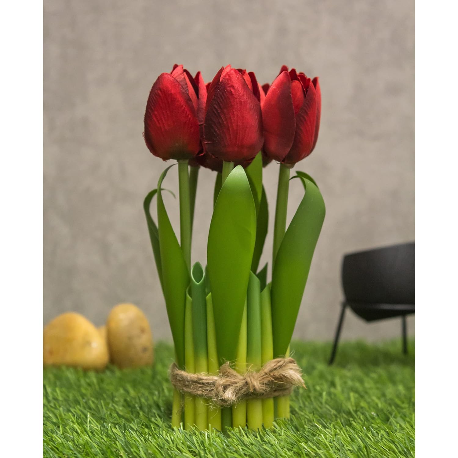6-Piece Artificial Tulip Bouquet – Rustic Sisal Rope Wrapped Faux Flowers for Table, Shelf & Home Decor – Elegant Indoor Floral Arrangement