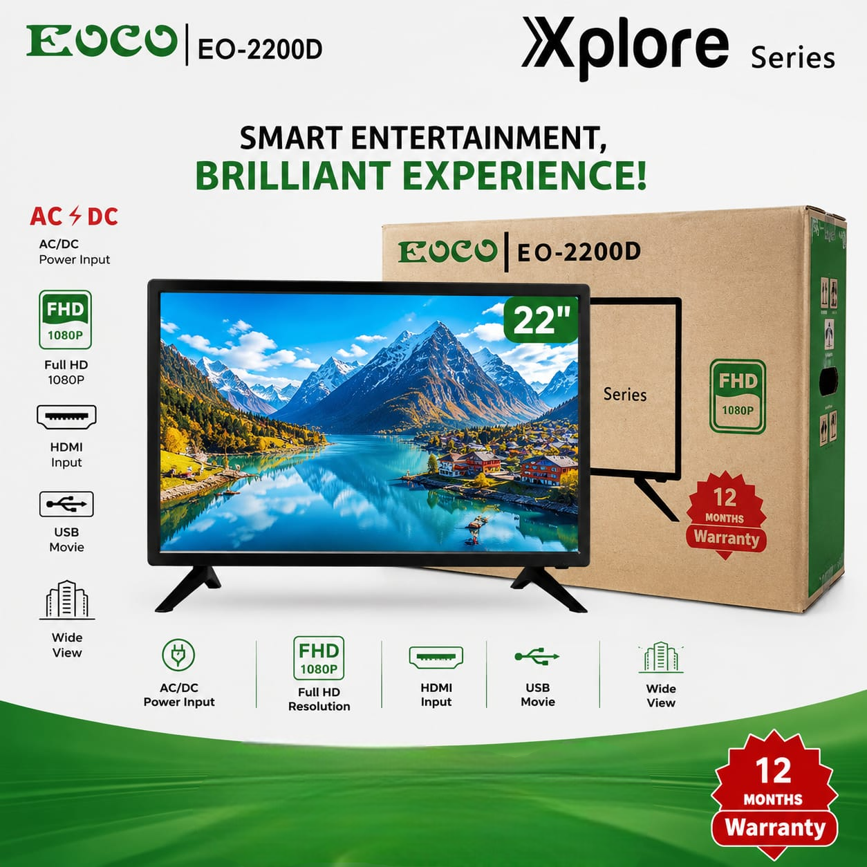 EOCO 22-Inch Full HD Smart TV (EO-2200D) – AC/DC Dual Power LED Television with Built-in Wi-Fi
